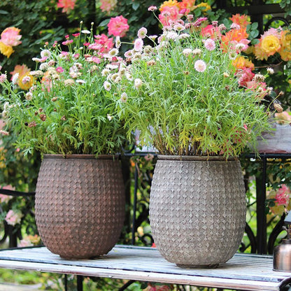 StoneNest Textured Planters by RusticReach, two ribbed pots with green foliage on a patio on Tampa Home & Garden Store