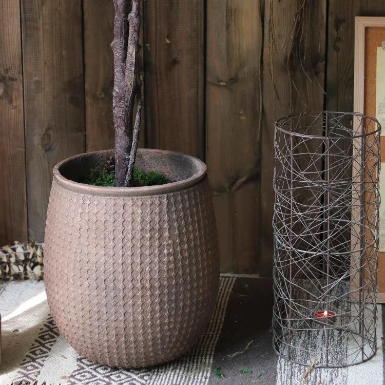 StoneNest Textured Planter by RusticReach, brown terracotta; 1 planter + 1 wire stand on Tampa Home & Garden Store