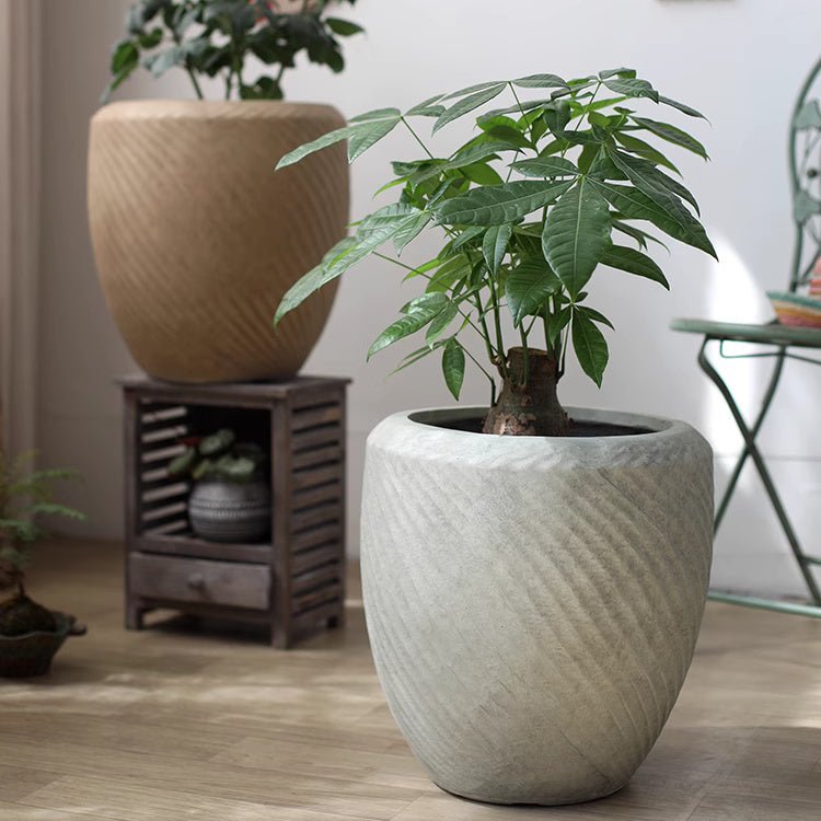 Comtemporary Swirl Planter by RusticReach, light gray concrete planter with swirl texture holding a leafy plant on Tampa Home & Garden Store