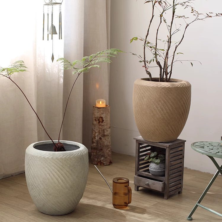Comtemporary Swirl Planter pair, two neutral ceramic planters with swirl texture by RusticReach on Tampa Home & Garden Store