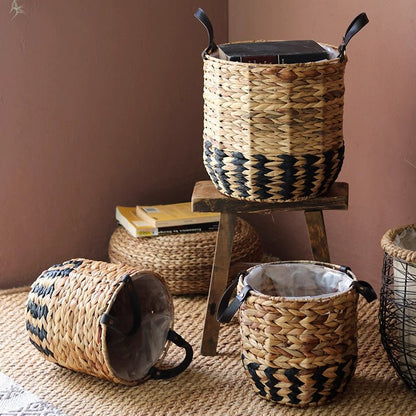 Two-Tone Basket Planter with Leather Handles set of three natural straw with navy accents on Tampa Home & Garden Store