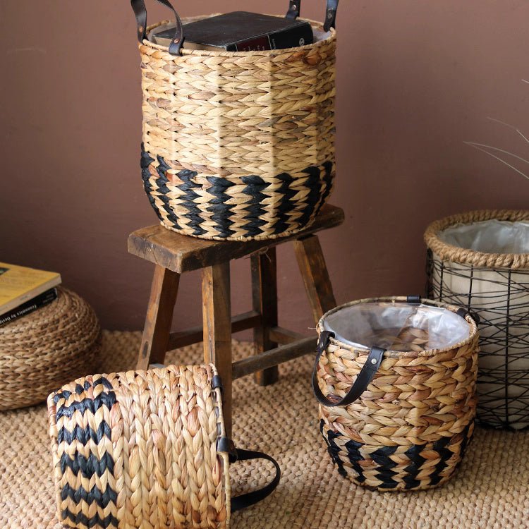 Two-Tone Basket Planter with Leather Handles woven rattan set of 3 planters on Tampa Home & Garden Store