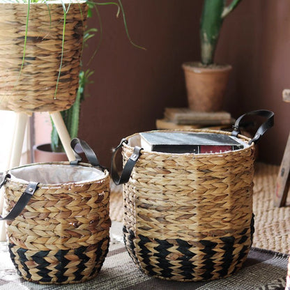 Two-Tone Basket Planters with Leather Handles; 2-pack RusticReach on Tampa Home & Garden Store