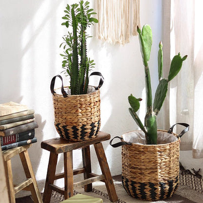 Two-Tone Basket Planter with Leather Handles; natural tan weave with black band, 2 planters on Tampa Home & Garden Store
