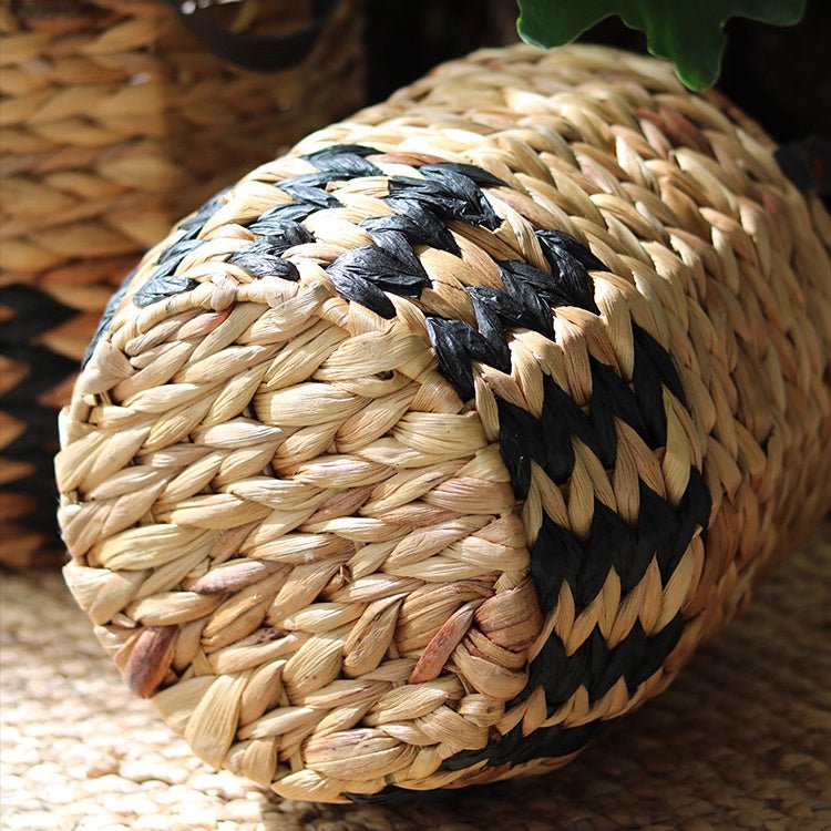 Two-Tone Basket Planter with Leather Handles, woven natural fibers with black chevron on Tampa Home & Garden Store