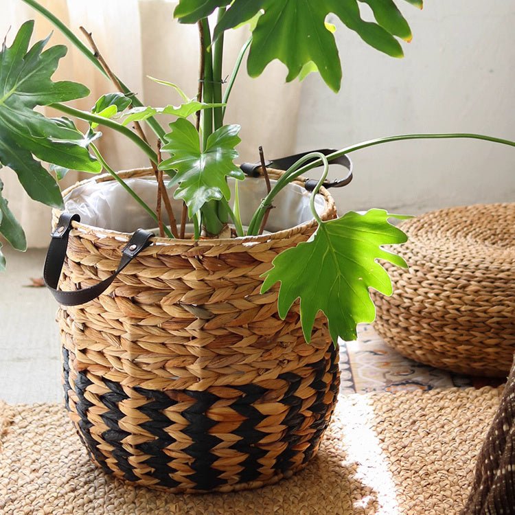 Two-Tone Basket Planter with Leather Handles by RusticReach, natural straw weave on Tampa Home & Garden Store