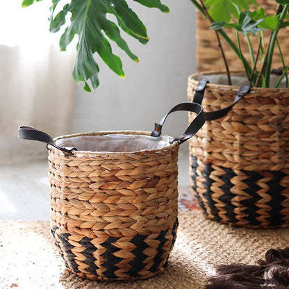 Two-Tone Basket Planters with Leather Handles, natural wicker with black base by RusticReach on Tampa Home & Garden Store
