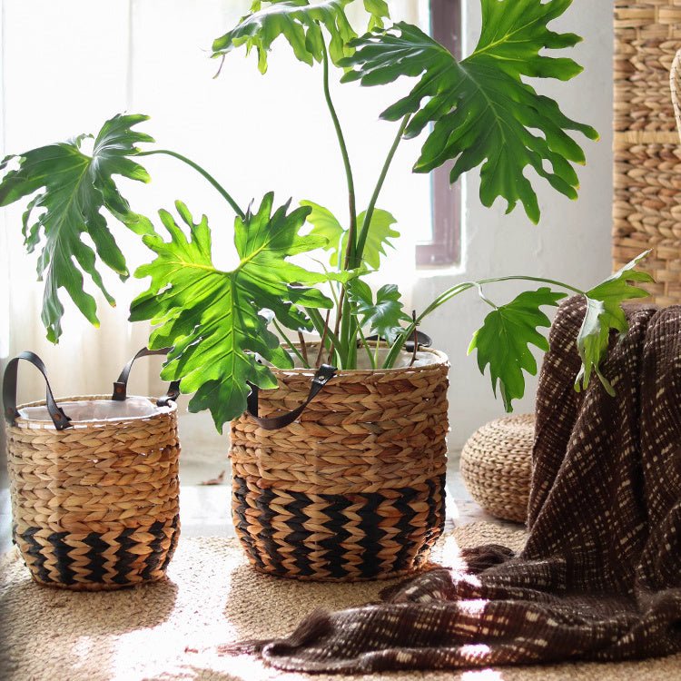 Two-Tone Basket Planters set of 2 with leather handles, natural straw by RusticReach on Tampa Home & Garden Store