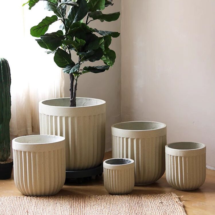 Nordic Vertical Stripe Flower Pot set of five beige ribbed ceramic planters by RusticReach on Tampa Home & Garden Store