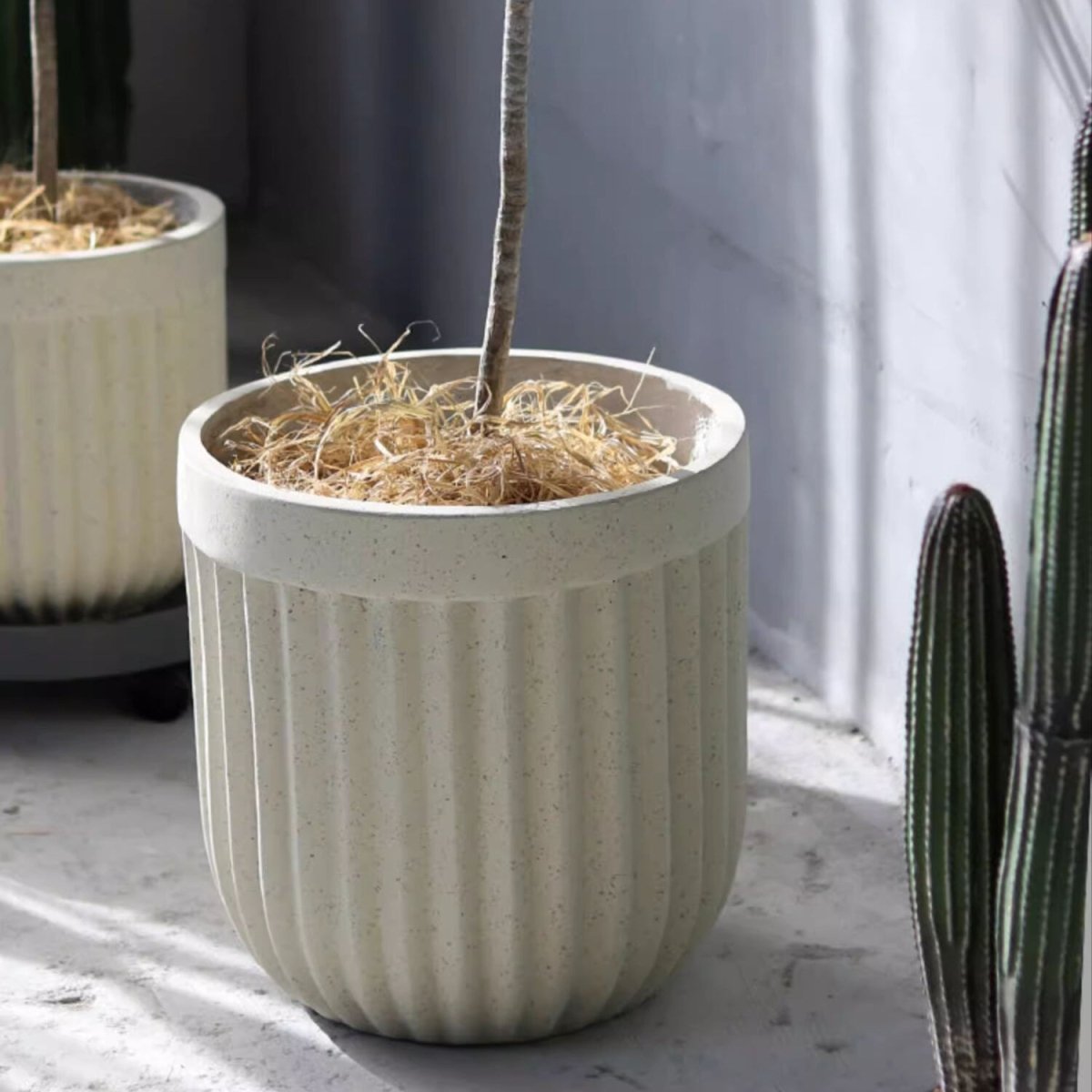 Nordic Vertical Stripe Flower Pots, 2 shown, light gray ribbed planters by RusticReach on Tampa Home & Garden Store