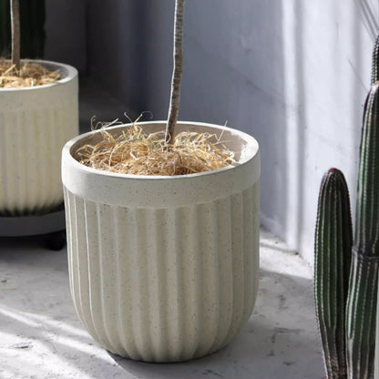 Nordic Vertical Stripe Flower Pots, 2 shown, light gray ribbed planters by RusticReach on Tampa Home & Garden Store