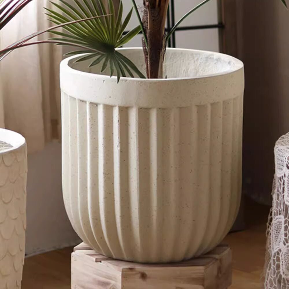 Nordic Vertical Stripe Flower Pot in cream ceramic with ribbed texture on Tampa Home & Garden Store