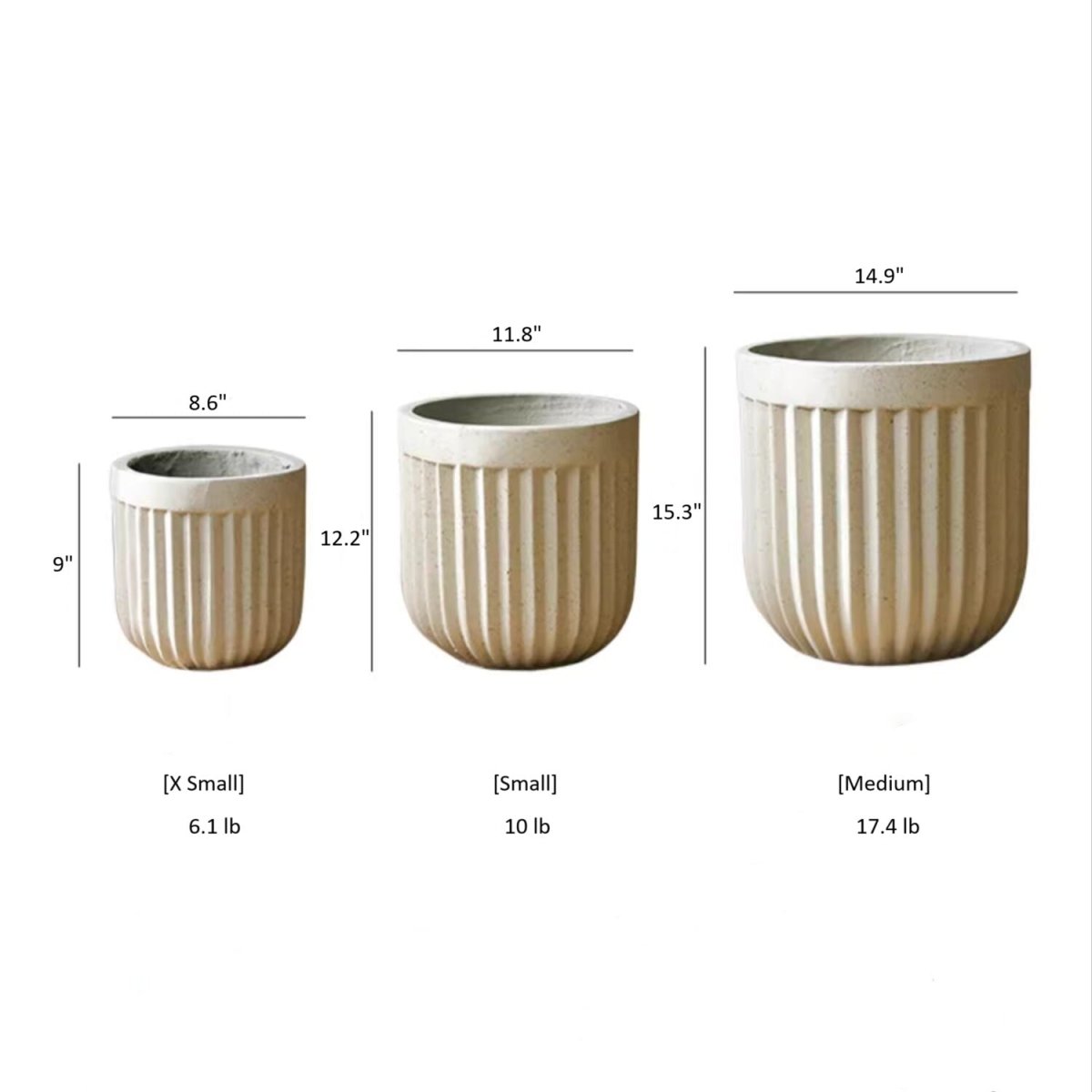 Nordic Vertical Stripe Flower Pot planters in beige ribbed ceramic by RusticReach, X Small–Medium set on Tampa Home & Garden Store
