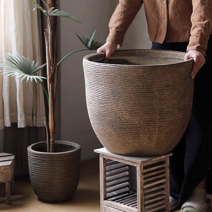 Vintage-Style Outdoor Planter by RusticReach, two ribbed planters in beige and charcoal on Tampa Home & Garden Store