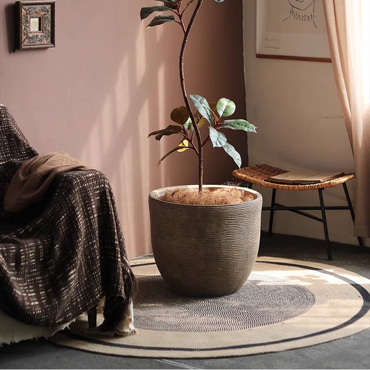 Vintage-Style Outdoor Planter RusticReach; large textured gray pot housing a young tree indoors on Tampa Home & Garden Store