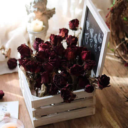 Rustic Wooden Storage Crate with Chalkboard Lid holding dried burgundy roses on Tampa Home & Garden Store