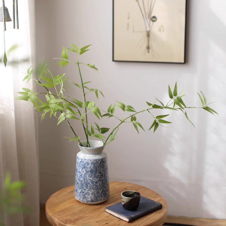 Artificial Whispering Bamboo Stem 31in tall with green leaves in vase by RusticReach artificial flora on Tampa Home & Garden Store