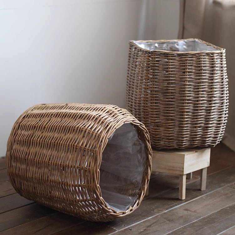 Natural Wicker Floor Planter Basket with Liner, set of two brown woven baskets on Tampa Home & Garden Store