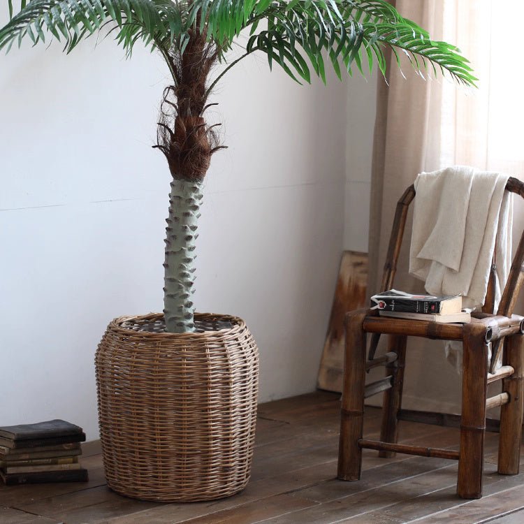 Natural Wicker Floor Planter Basket with Liner with tall palm in a RusticReach woven basket on Tampa Home & Garden Store