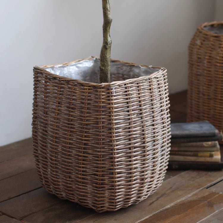 Natural wicker floor planter basket with liner by RusticReach in natural brown on Tampa Home & Garden Store