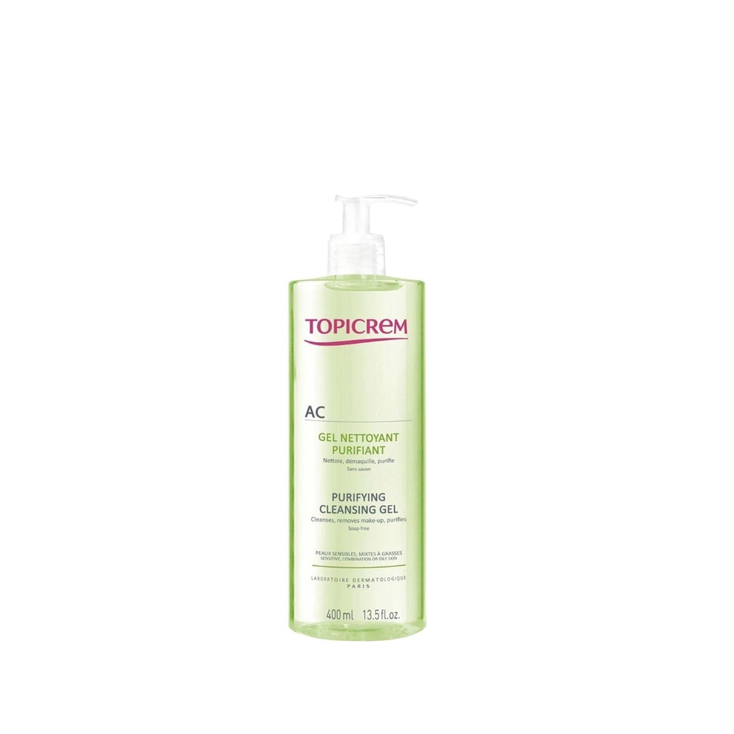 Topicrem Cleansing Gel 400ml for acne-prone skin in a green pump bottle TOPICREM on Tampa Home & Garden Store