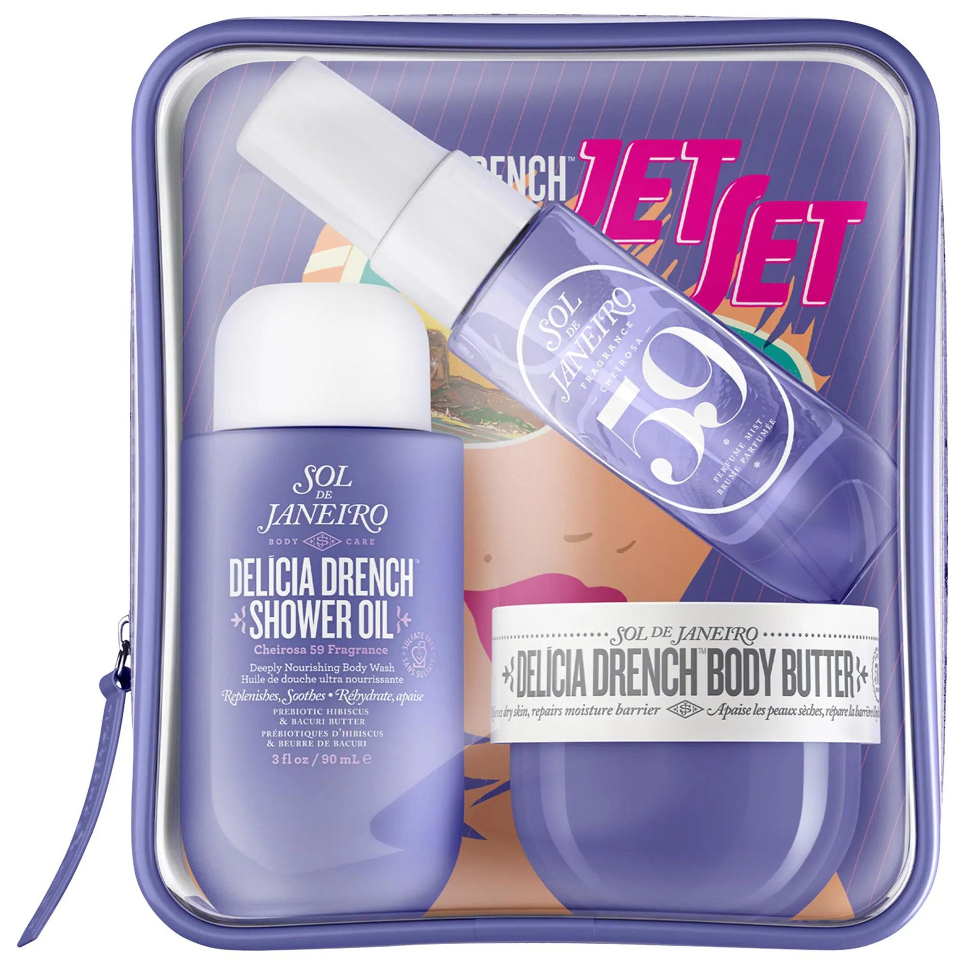 Delícia Drench Jet Set kit with Sol de Janeiro shower oil & body butter in purple case on Tampa Home & Garden Store