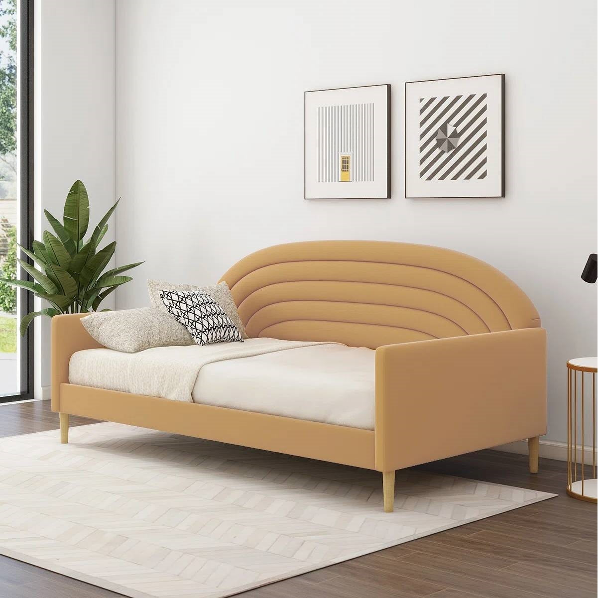 Sofá cama tapizado de terciopelo amarillo estilo moderno de mediados de siglo tamaño Twin