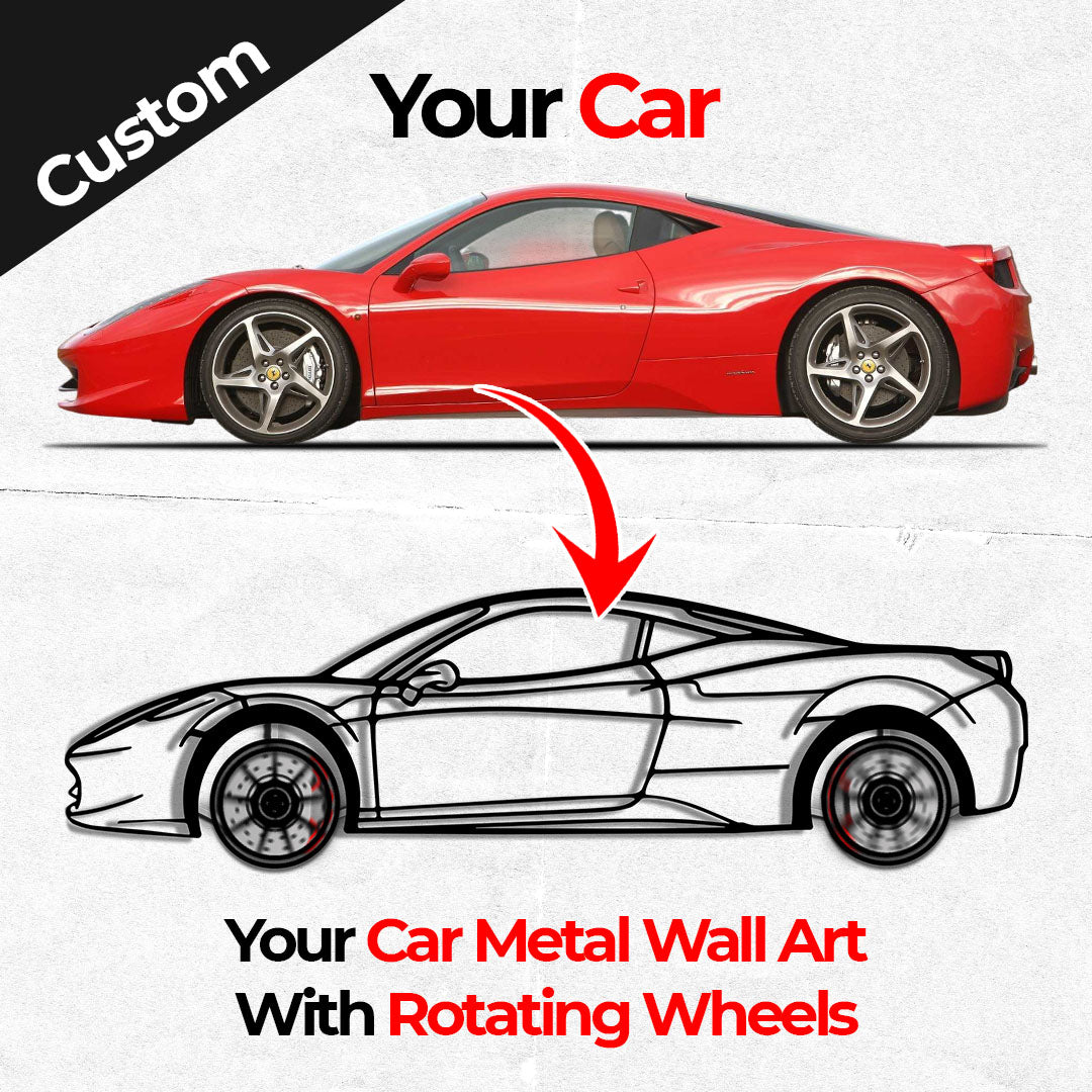 Custom Car Metal Wall Art with Spinning Wheels, Personalized Car Design, Custom Auto Gift for Men, Garage Decor, Your Car Line Art-KAFMEKA048