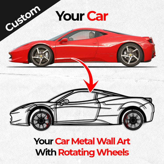 Custom Car Metal Wall Art with Spinning Wheels, Personalized Car Design, Custom Auto Gift for Men, Garage Decor, Your Car Line Art-KAFMEKA048
