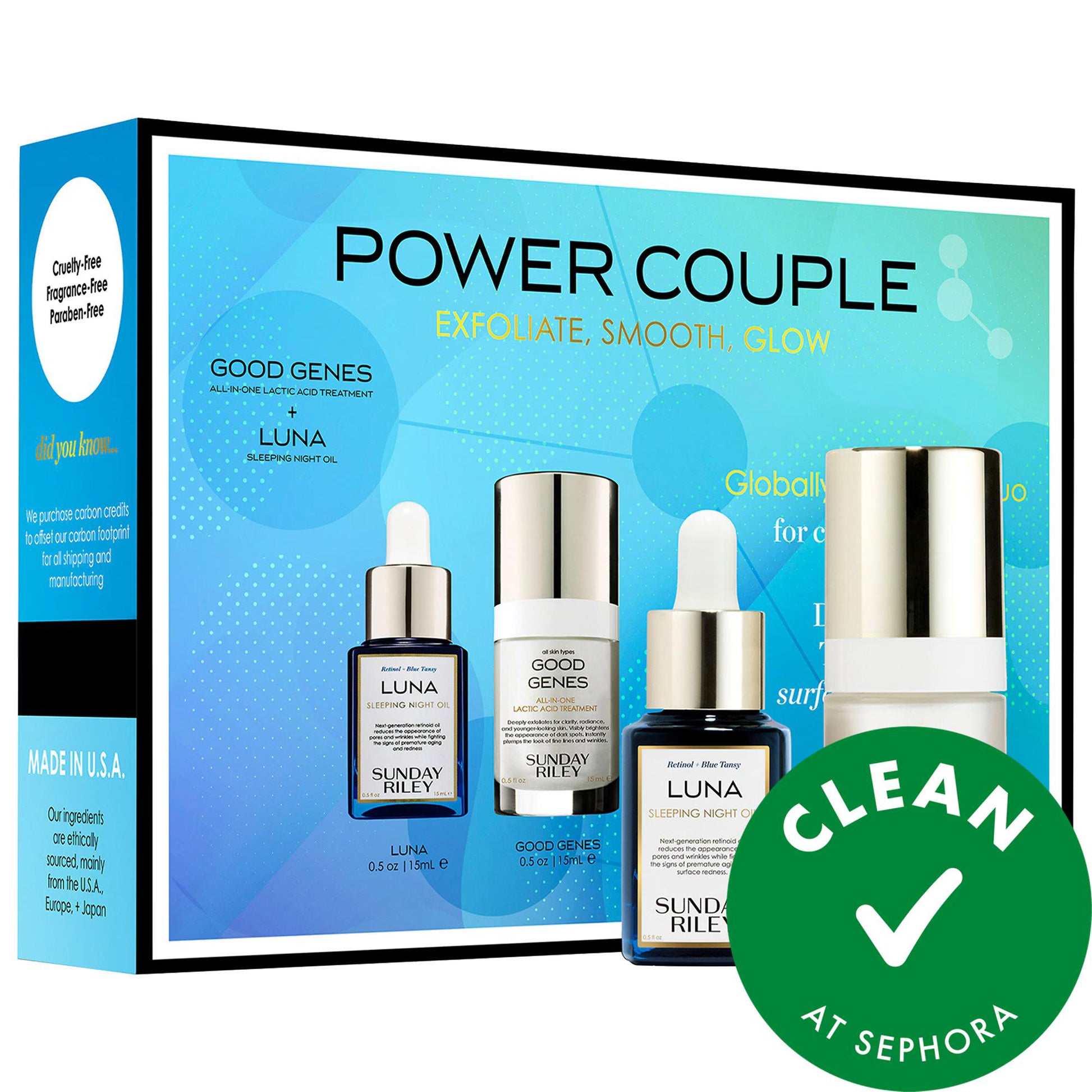 Skincare set Sunday Riley Power Couple with LUNA oil and Good Genes lactic acid treatment in box on Tampa Home & Garden Store