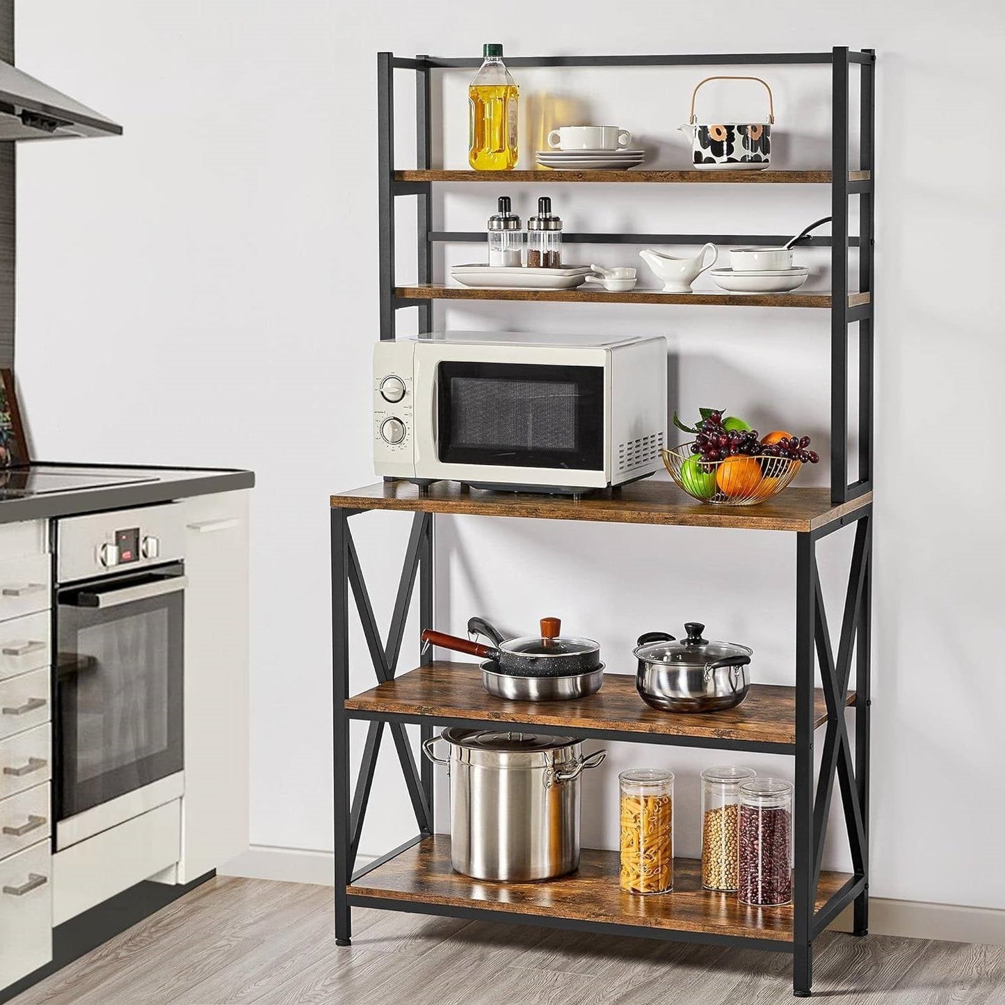 Estante de cocina moderno industrial de metal y madera para panadería