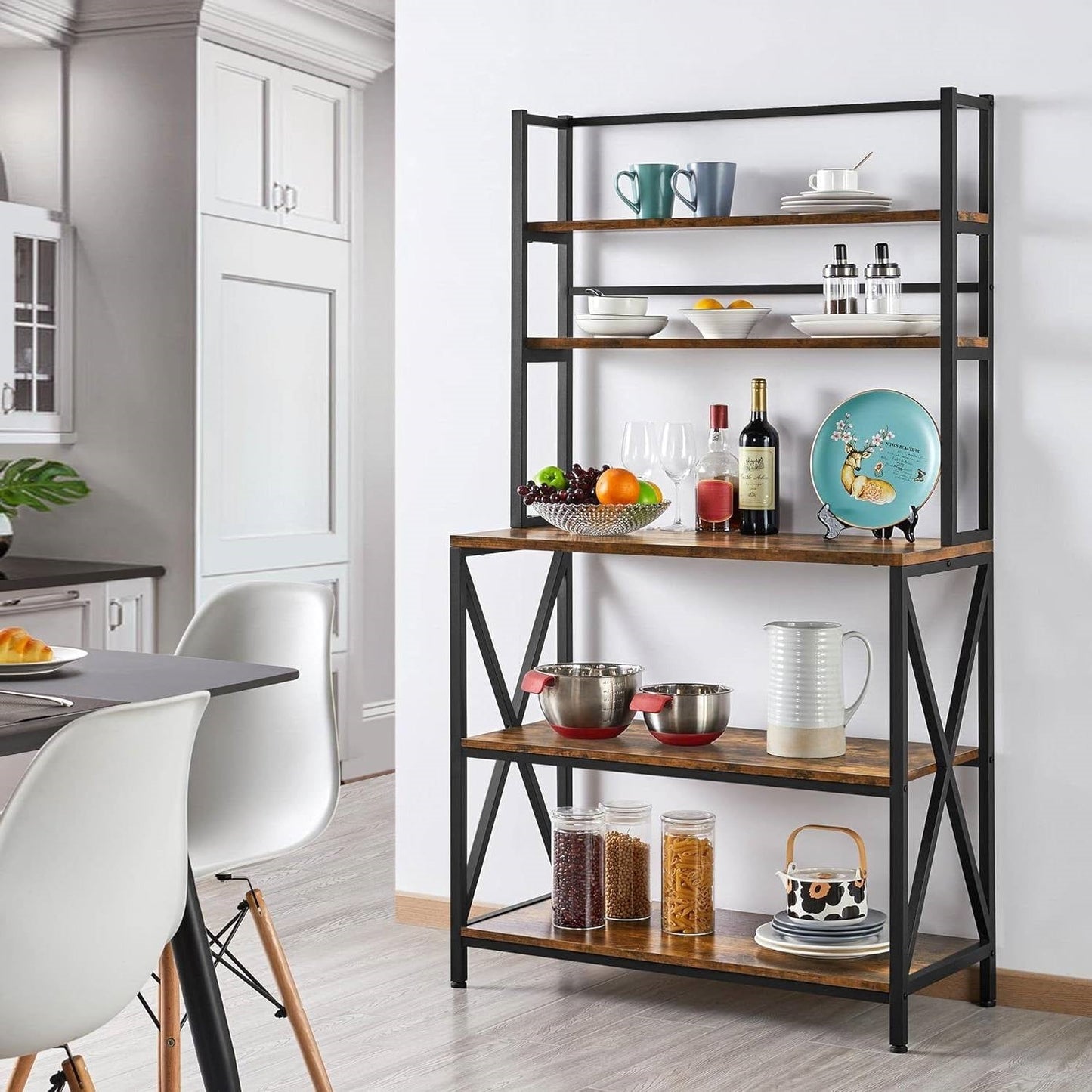 Estante de cocina moderno industrial de metal y madera para panadería