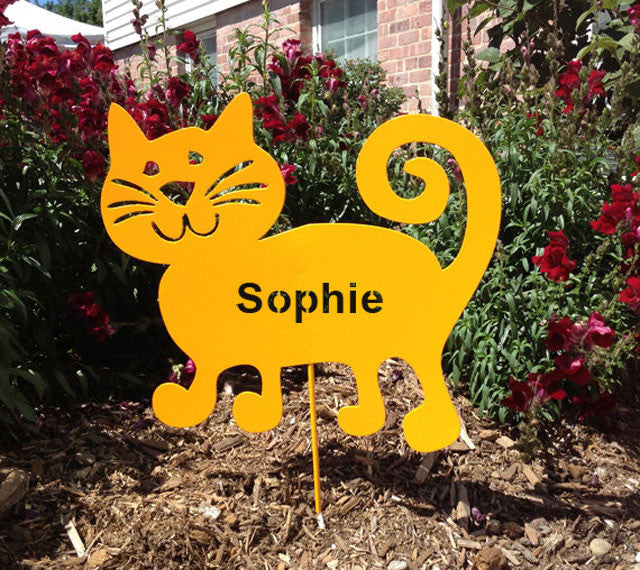 Cat garden stake in bright yellow with Sophie lettering, metal lawn ornament on Tampa Home & Garden Store