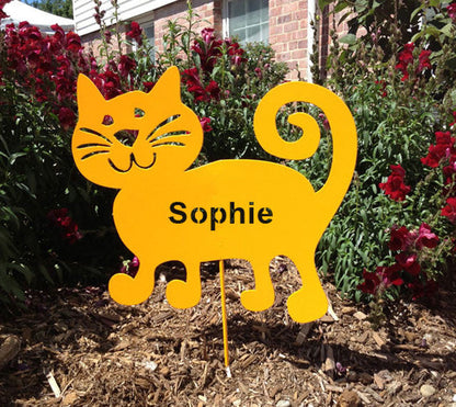 Cat garden stake in bright yellow with Sophie lettering, metal lawn ornament on Tampa Home & Garden Store