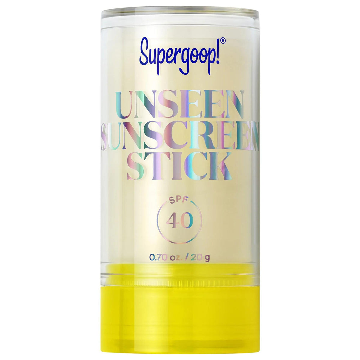 Sunscreen stick Supergoop Unseen SPF 40 in white tube with UNSEEN text and yellow base on Tampa Home & Garden Store