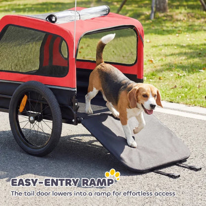 Dog bike trailer in red with flip-down ramp, mesh windows, coupler for small to medium dogs on Tampa Home & Garden Store