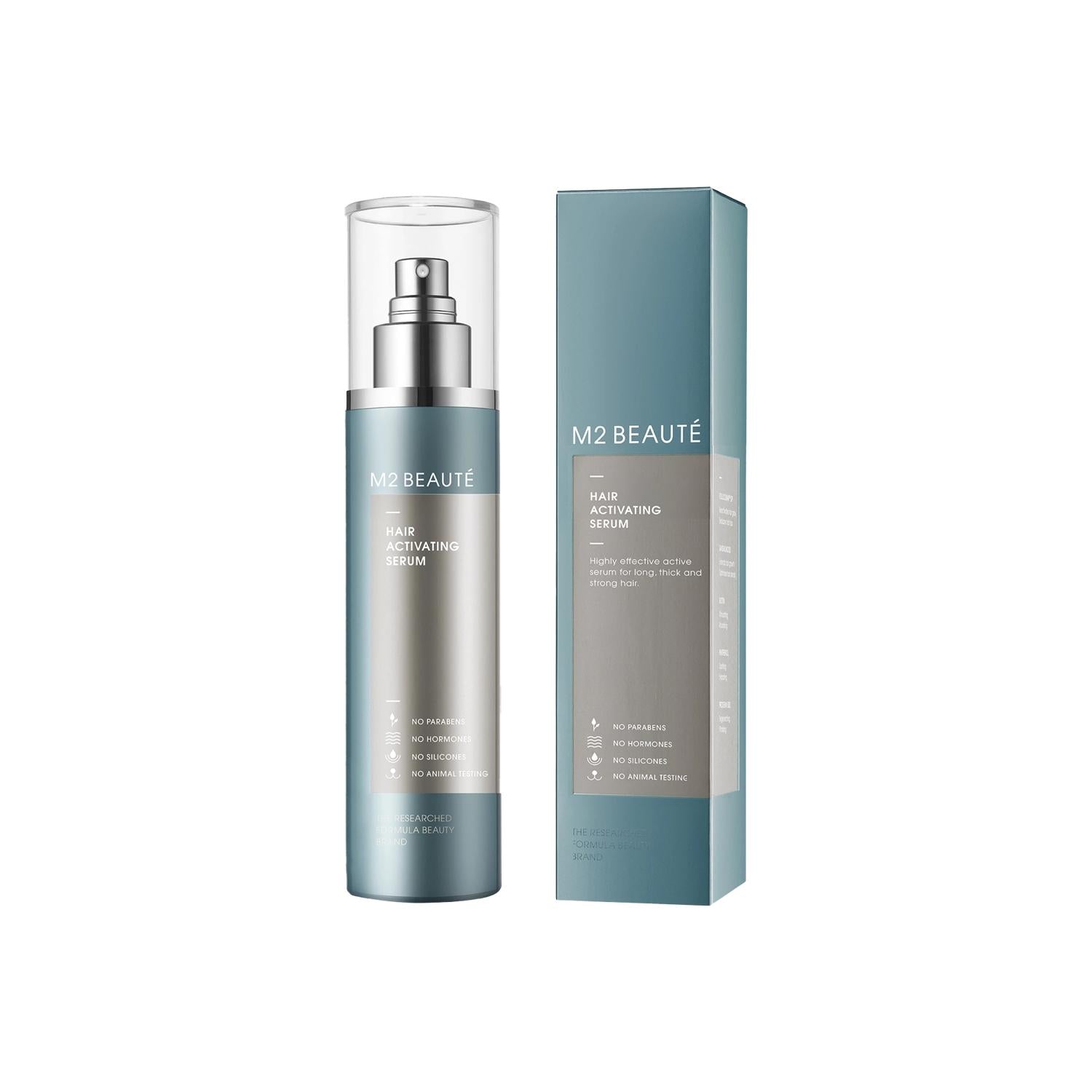 M2 Beaute Hair Activating Serum bottle and teal box packaging beside each other on Tampa Home & Garden Store