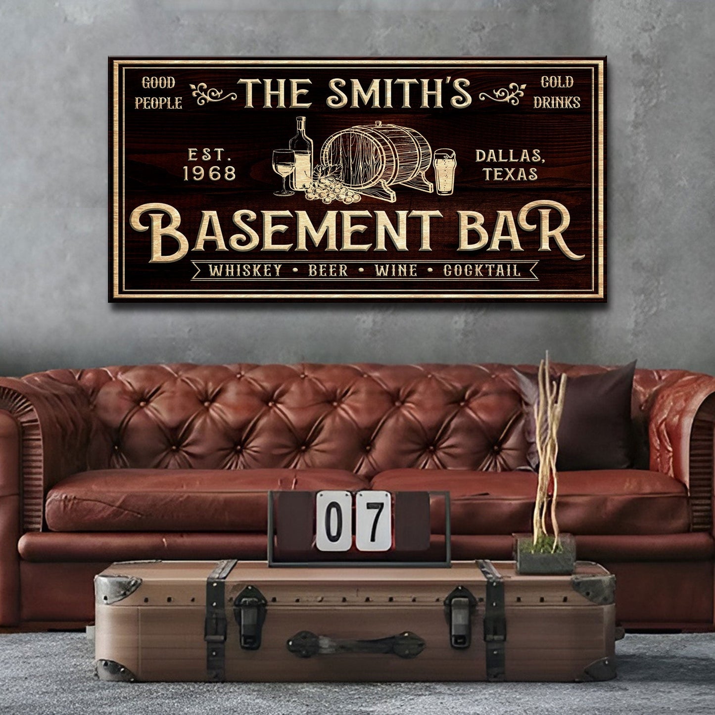 Custom Basement Bar Sign canvas with brown wood grain and whiskey barrel illustration on Tampa Home & Garden Store
