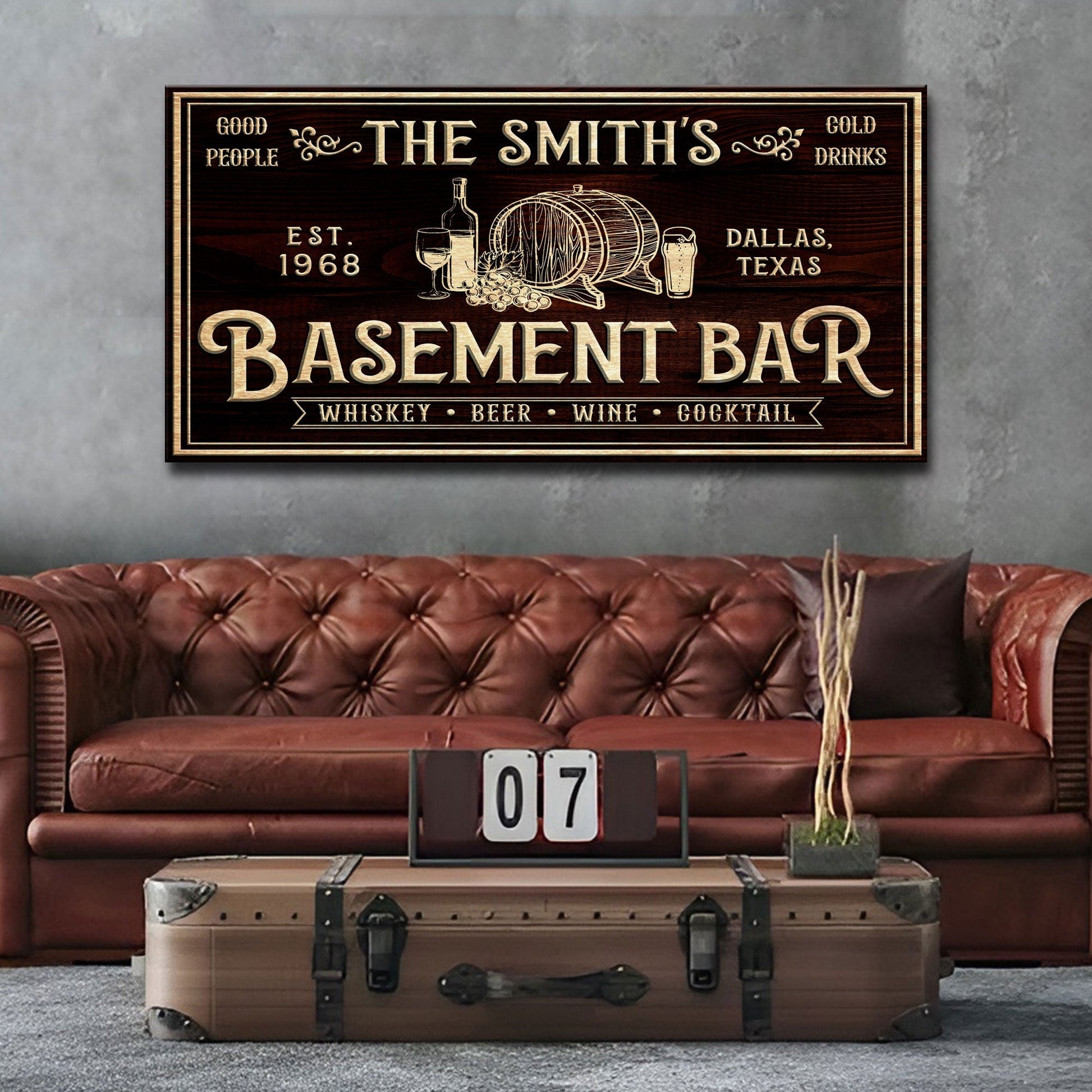 Custom Basement Bar Sign canvas with brown wood grain and whiskey barrel illustration on Tampa Home & Garden Store
