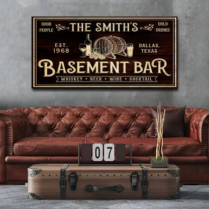 Custom Basement Bar Sign canvas with brown wood grain and whiskey barrel illustration on Tampa Home & Garden Store