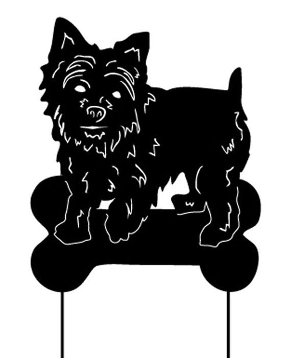 Yorkie statue wall art for garden, black silhouette on bone-shaped base, Rustica Ornamentals on Tampa Home & Garden Store