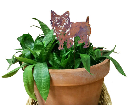 Yorkshire Terrier Plant Stake rusted silhouette in terracotta pot by Rustica Ornamentals on Tampa Home & Garden Store