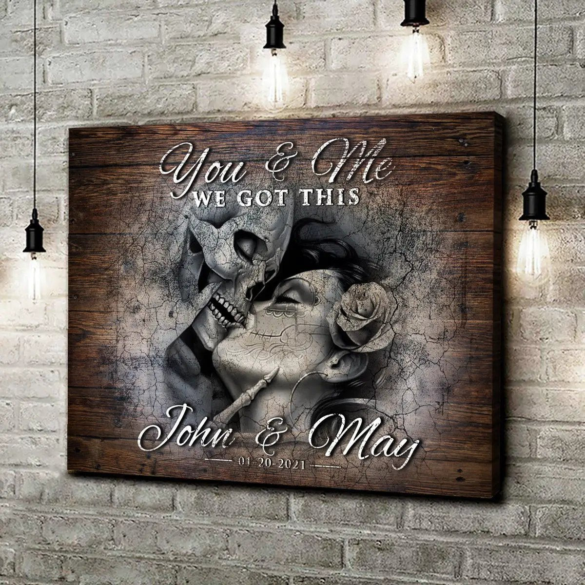 We Got This Skeleton Couple Sign III canvas by Tailored Canvases with rustic wood backdrop on Tampa Home & Garden Store