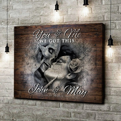 We Got This Skeleton Couple Sign III canvas by Tailored Canvases with rustic wood backdrop on Tampa Home & Garden Store