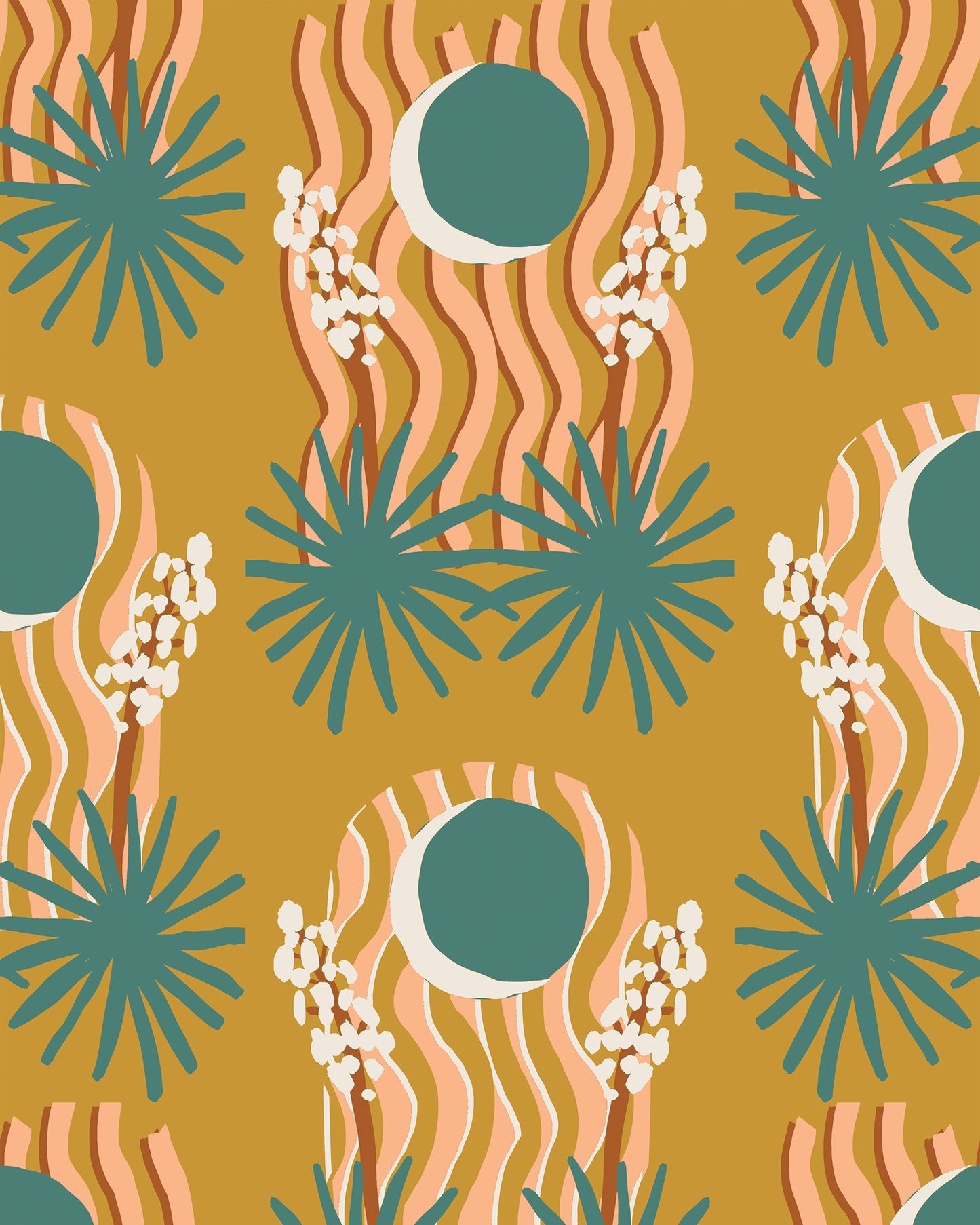 Yucca Moon Wallpaper, mustard and teal - Tampa Home & Garden Store
