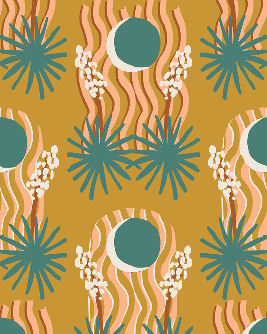 Yucca Moon Wallpaper, mustard and teal - Tampa Home & Garden Store