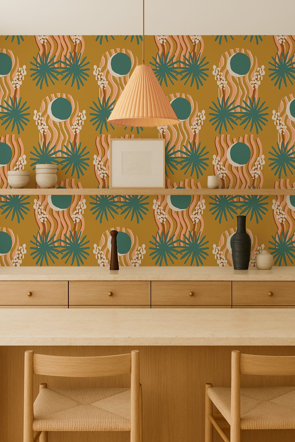 Yucca Moon Wallpaper, mustard and teal - Tampa Home & Garden Store
