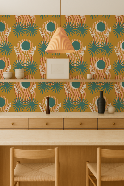 Yucca Moon Wallpaper, mustard and teal - Tampa Home & Garden Store