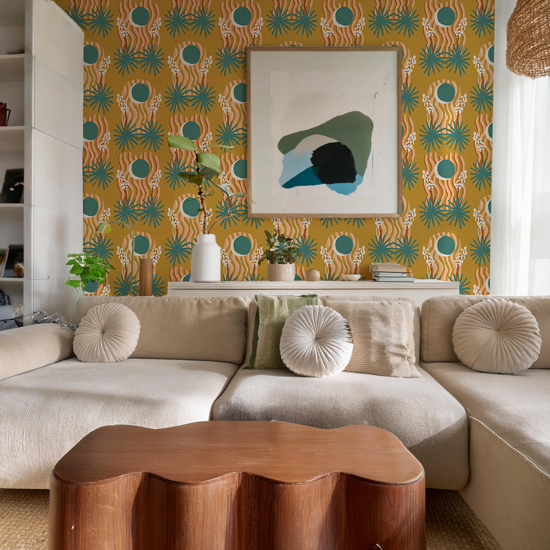 Yucca Moon Wallpaper, mustard and teal - Tampa Home & Garden Store