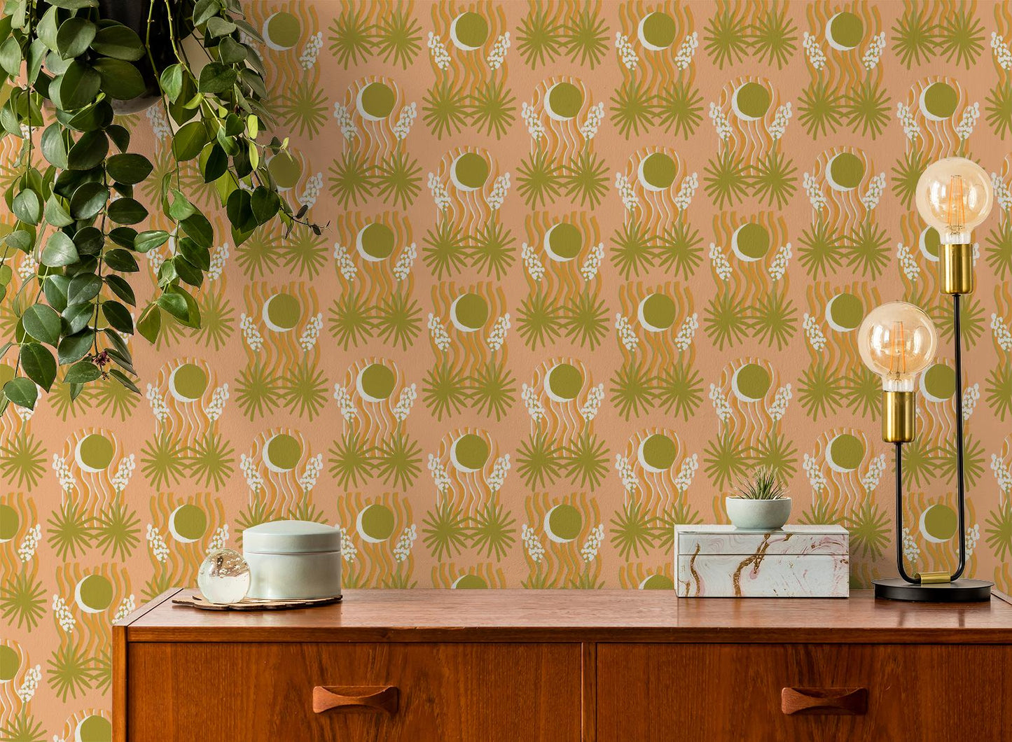 Yucca Moon Wallpaper, peach & green - Tampa Home & Garden Store